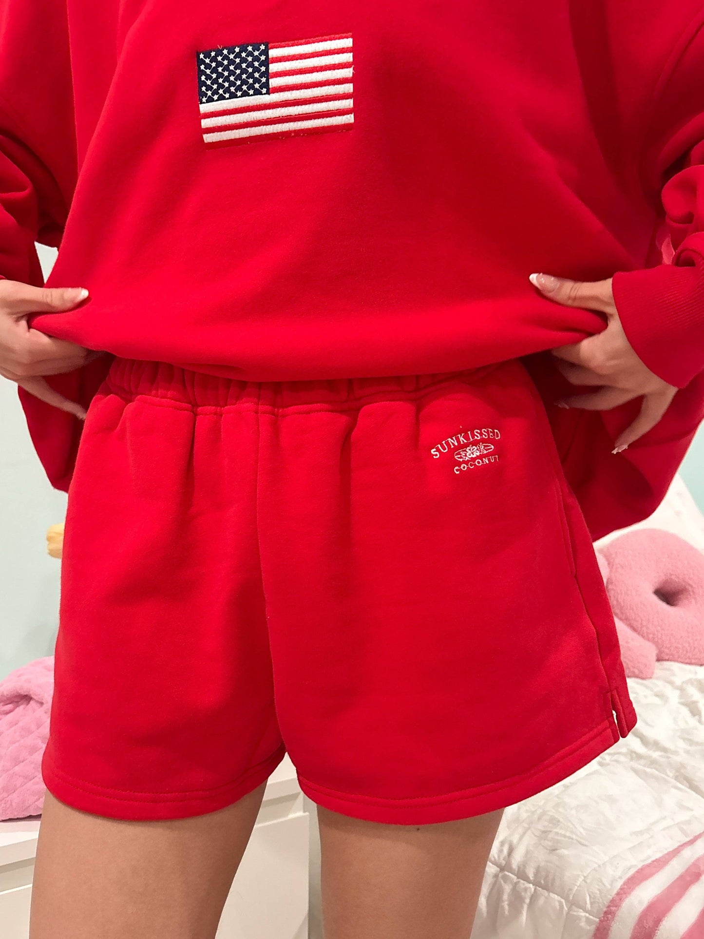 Red Embroidered Sweat Shorts
