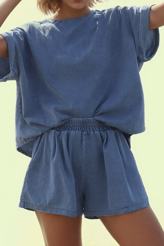 Denim Dandy Cuffed Sleeve Tee Elastic Shorts Set