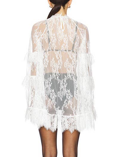 Laney Lace Sheer Long Sleeve Fringe Top/ Dress