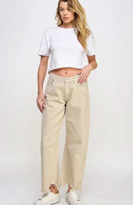 High Rise Distressed Barrel Jeans