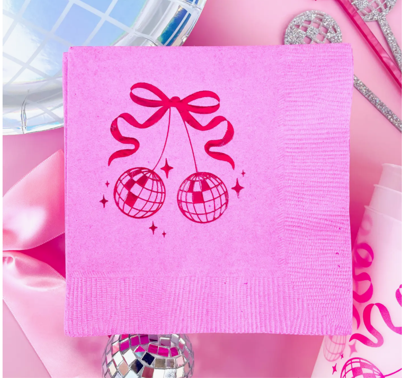 Pink Bow Disco Ball Cherries Napkins