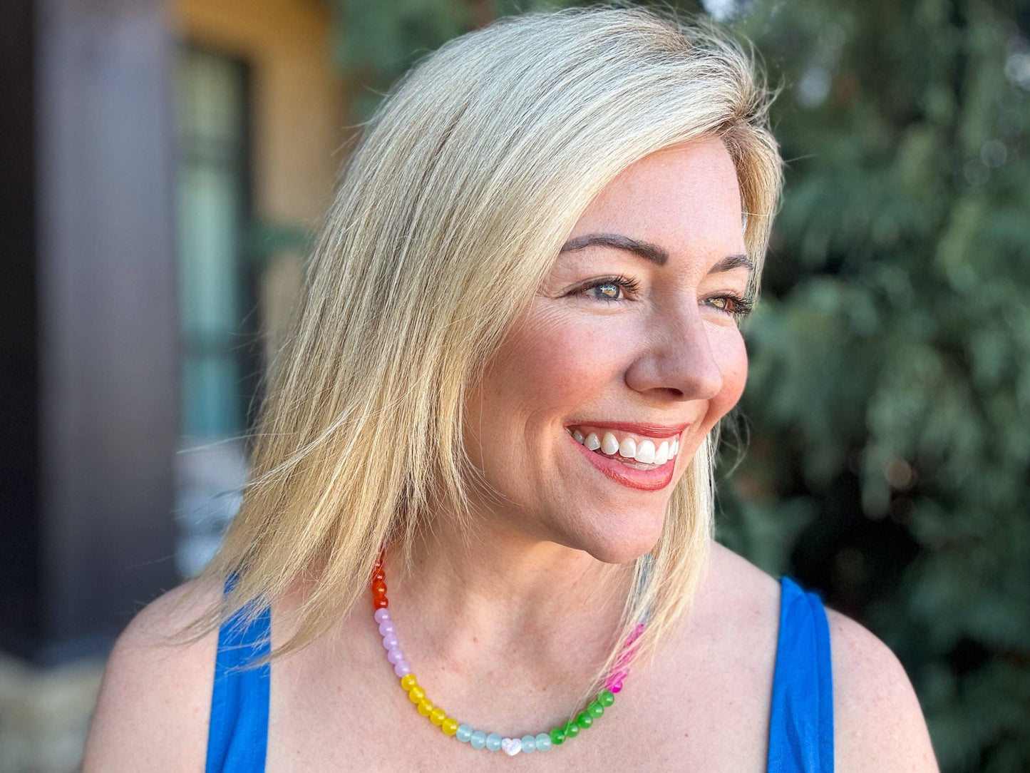 Beaded Necklace - Multi-Colored Opals w/Pearl Heart - Esther
