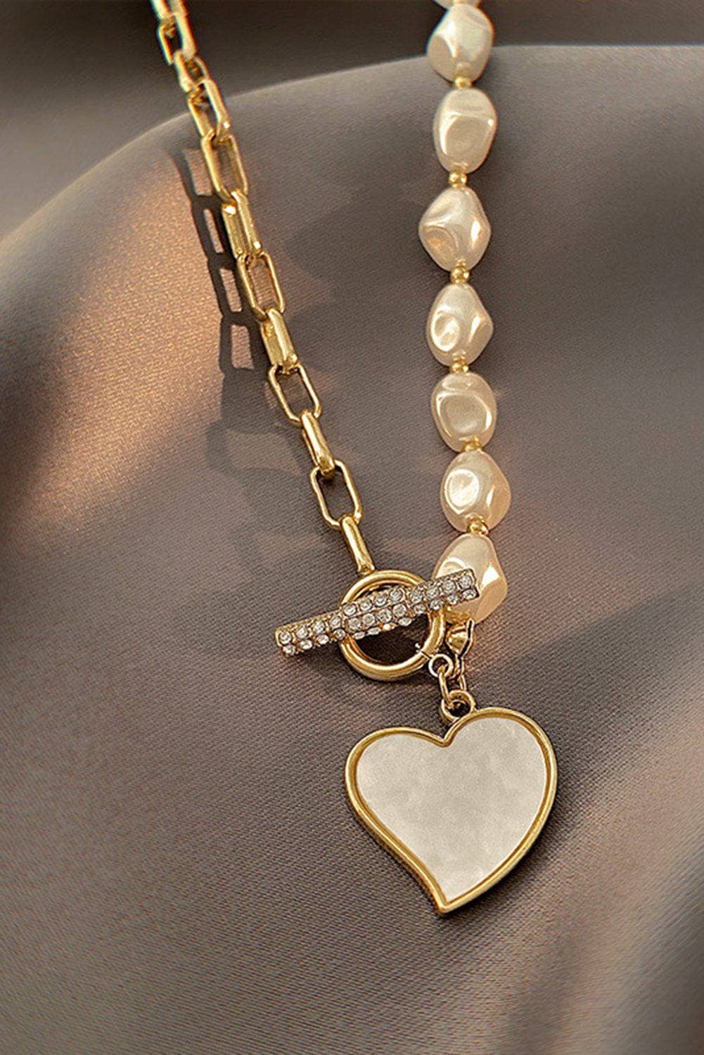 Heart Pendant Rhinestone Pearl Necklace
