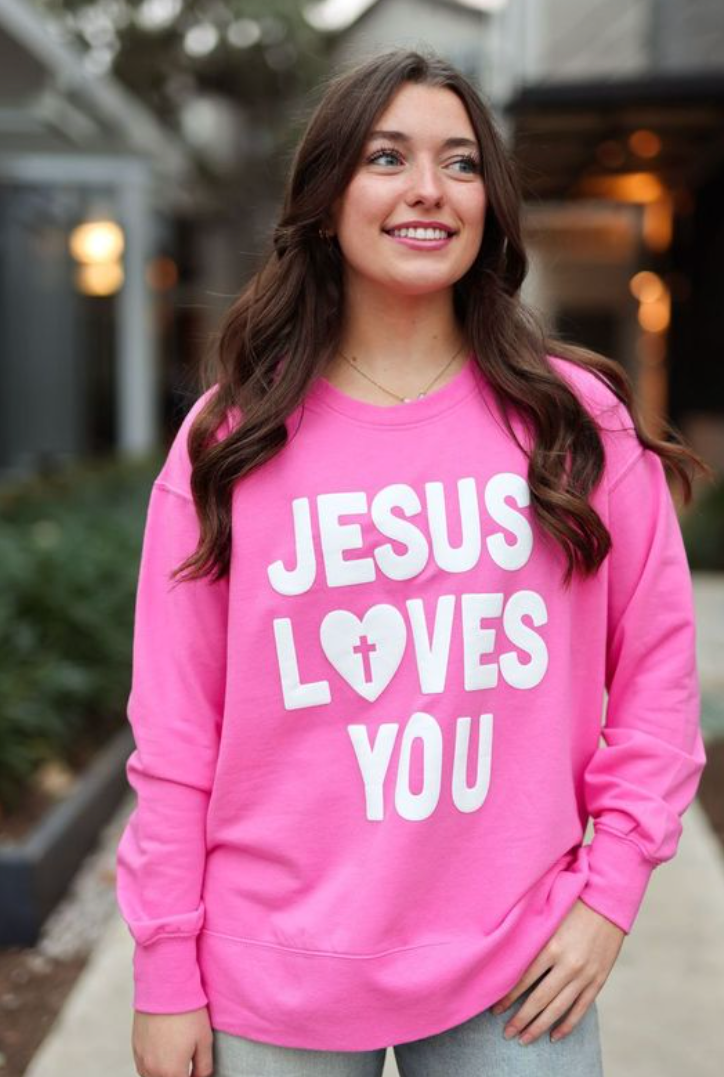 Jesus Loves You PUFF- Sweatshirt (Pink)