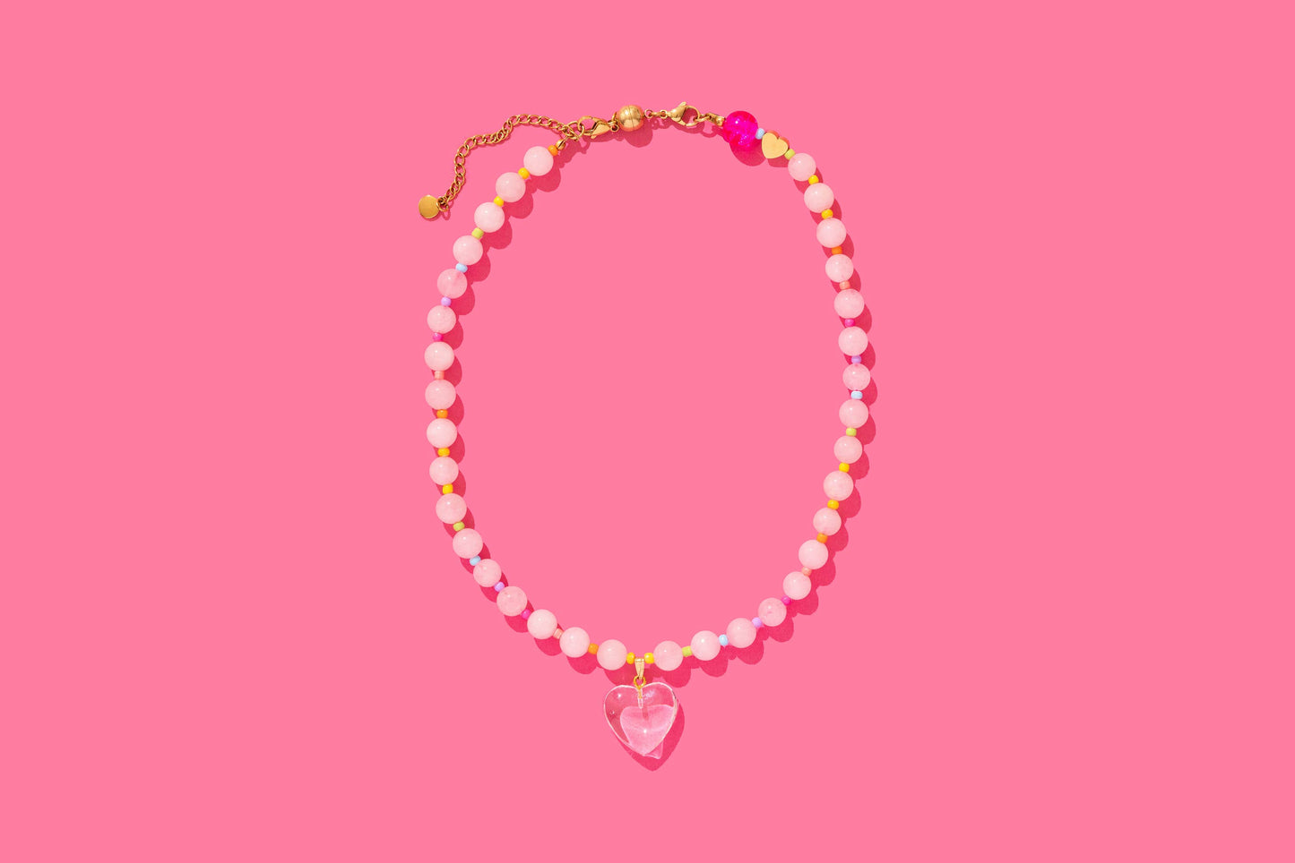 Beaded Necklace - Pink + Multi-Color w/Dangle Heart - Lottie