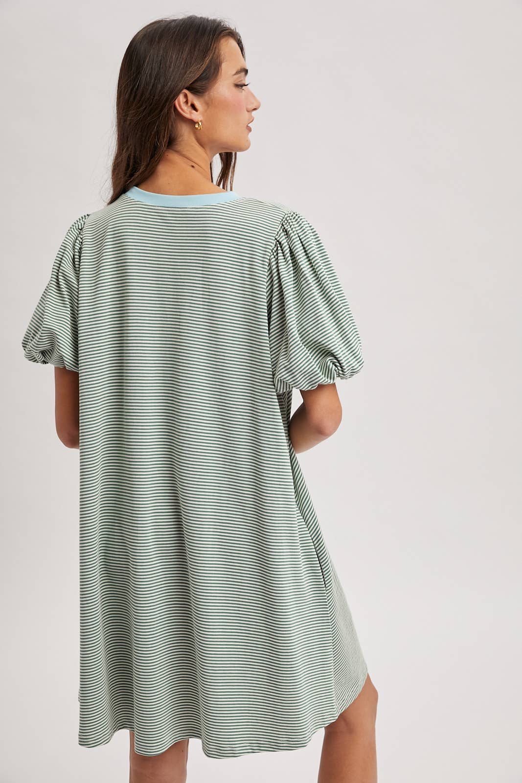 STRIPED PUFF SLEEVE KNIT MINI DRESS