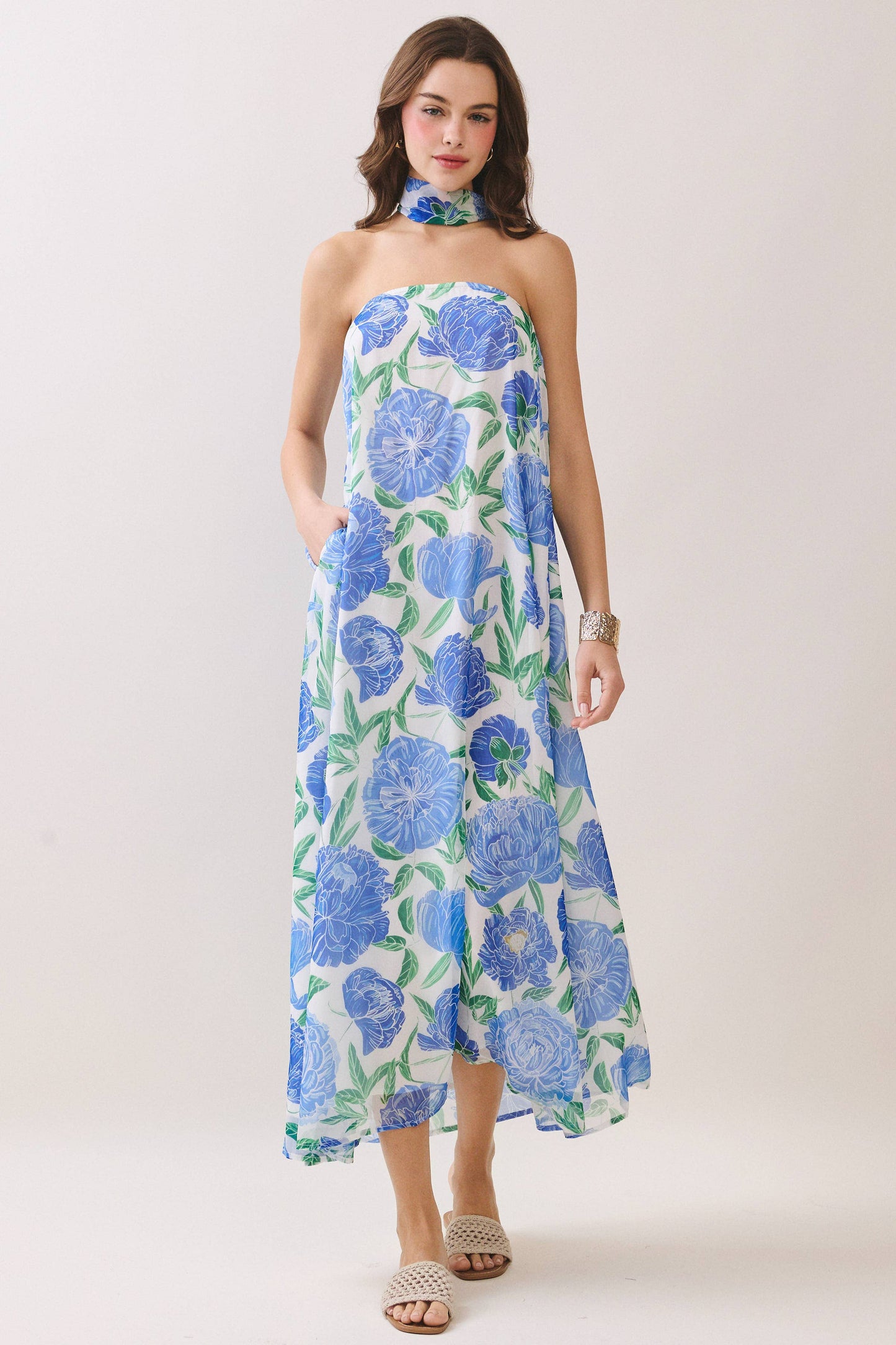 Garden Floral Maxi Dress with Convertible Scarf