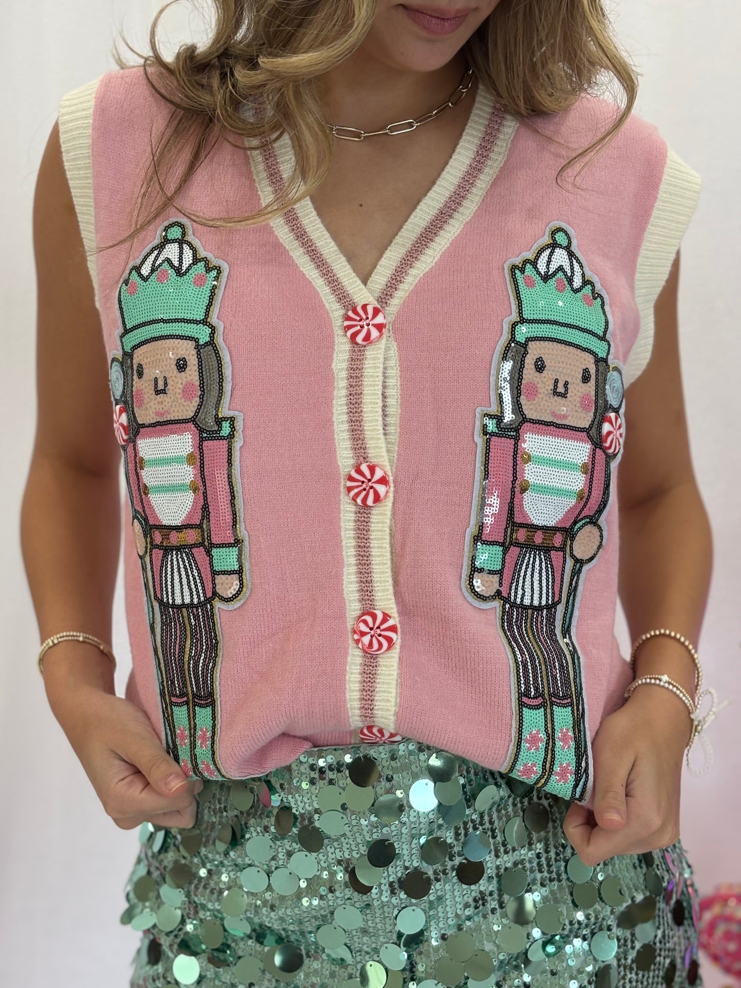 Sequin Nutcracker Pink Sweater Vest
