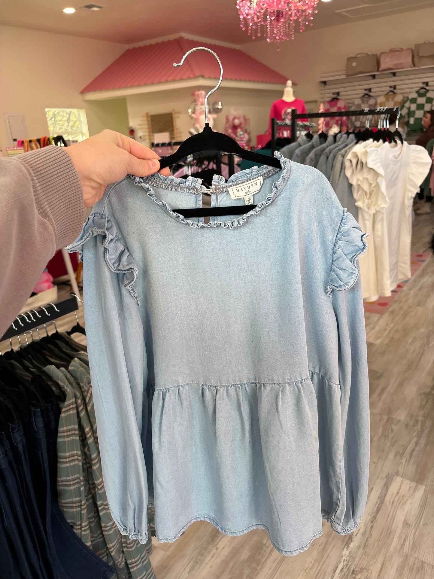 Girls ChambrayRuffle Neck Puff Sleeve Top