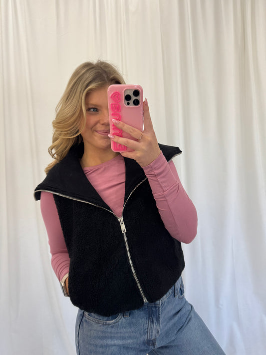 Oversized collar cropped zip up vest