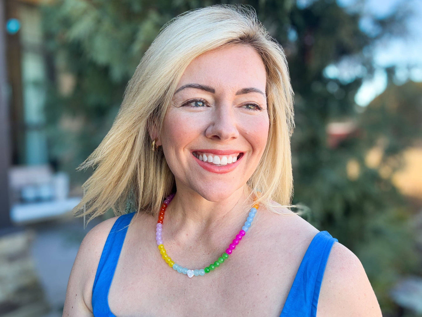 Beaded Necklace - Multi-Colored Opals w/Pearl Heart - Esther