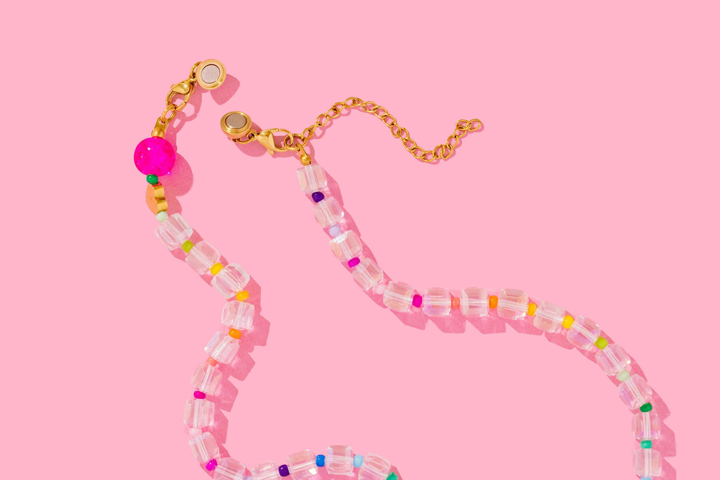 Beaded Necklace - Pink + Multi-Color w/Dangle Heart - Lottie