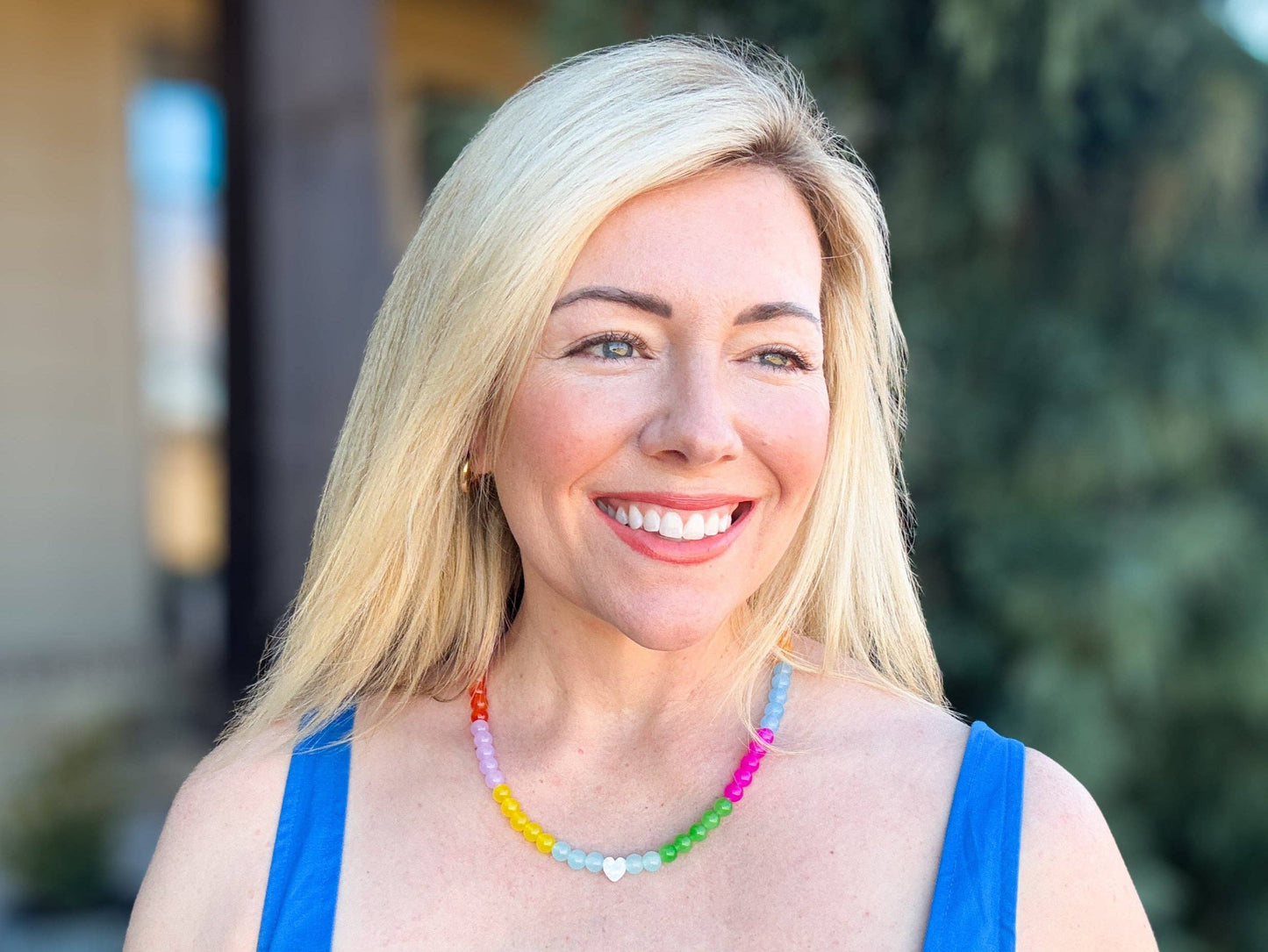 Beaded Necklace - Multi-Colored Opals w/Pearl Heart - Esther