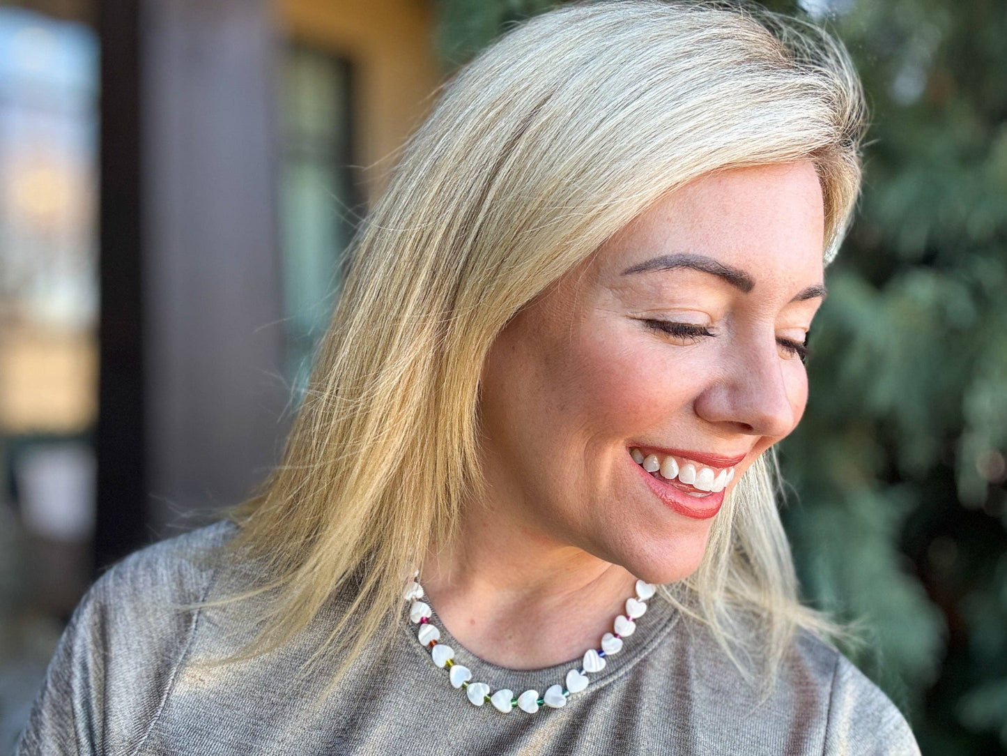 Beaded Necklace - Pearl Hearts + Multi-Colored - Emma