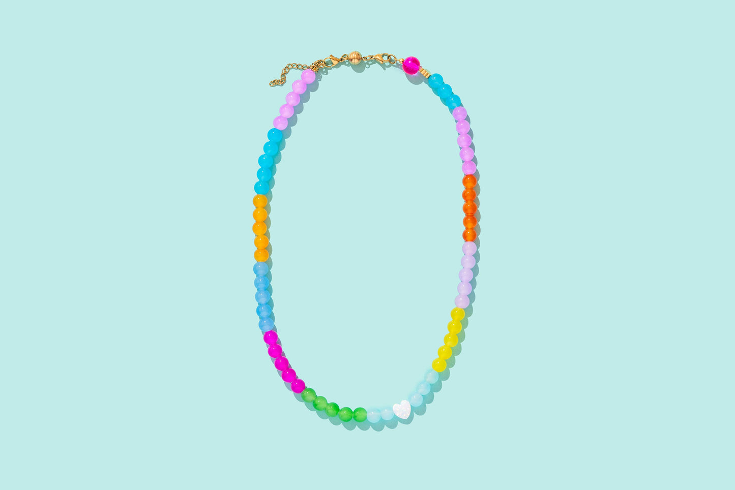 Beaded Necklace - Multi-Colored Opals w/Pearl Heart - Esther