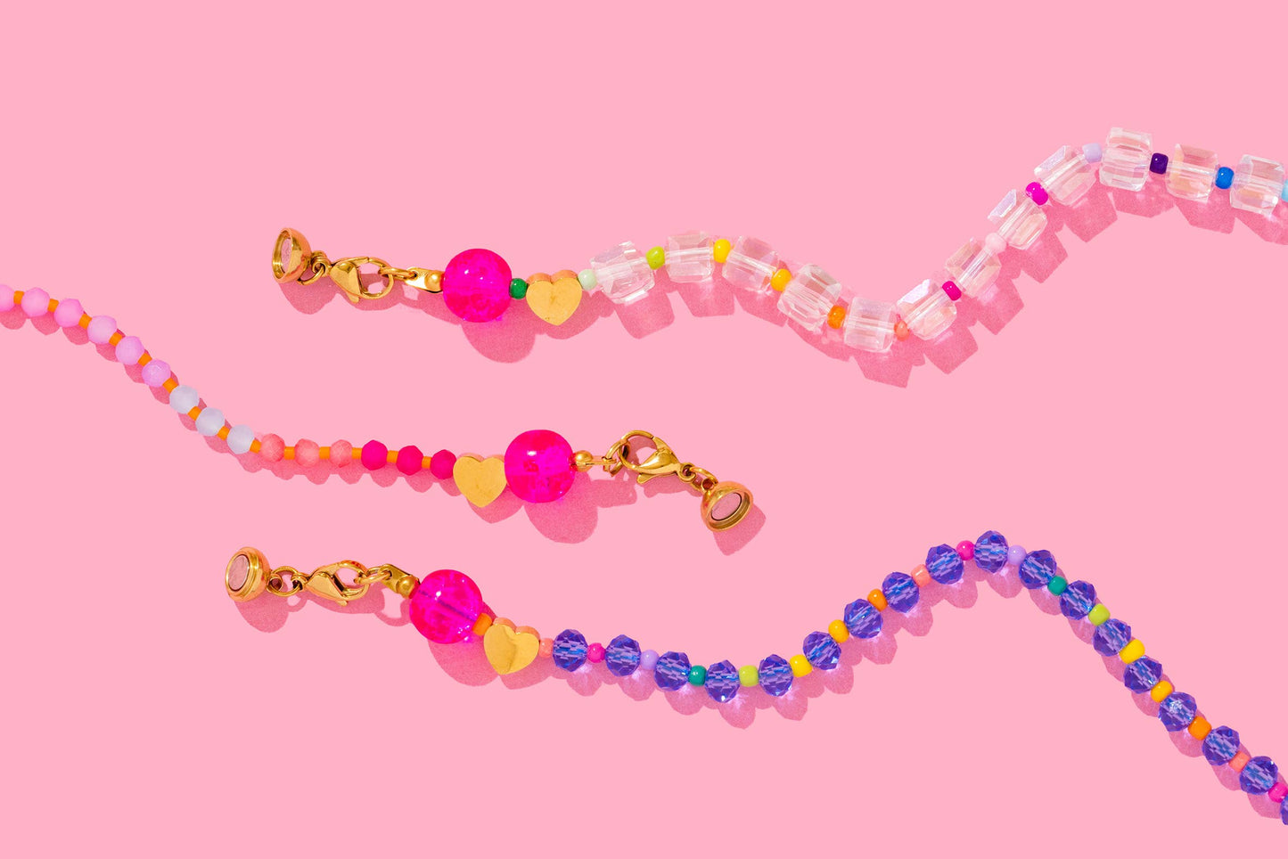 Beaded Necklace - Pink + Multi-Color w/Dangle Heart - Lottie