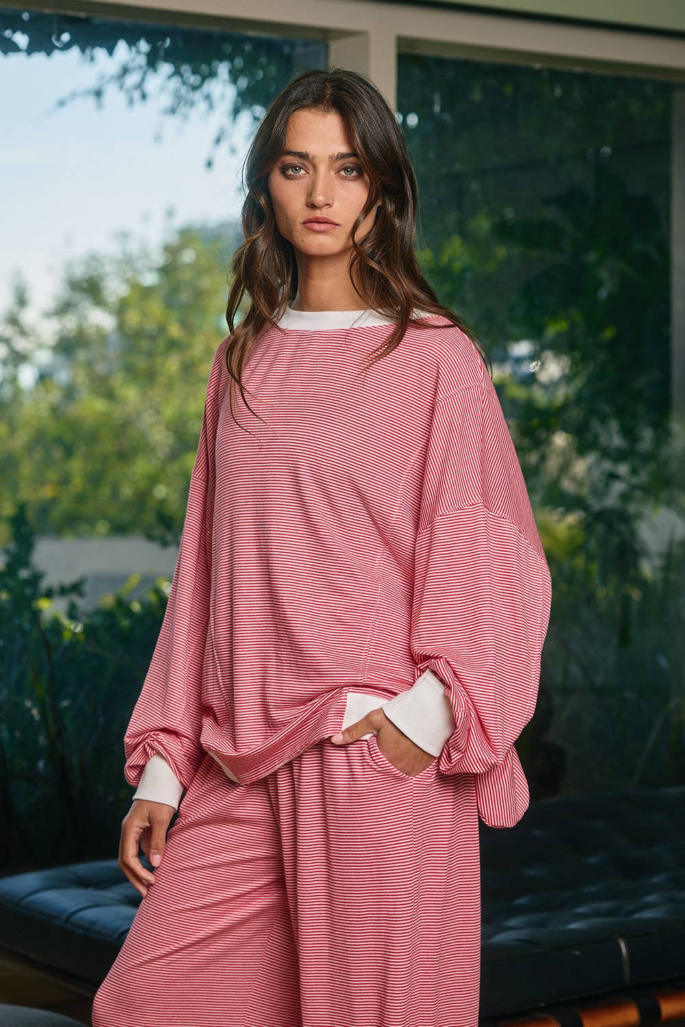 Cherry Reversible Striped Knit Sweatshirt Top