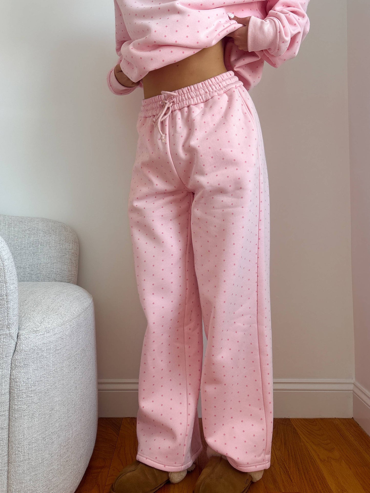 Light Pink Polka Dot Flare Sweatpants 100% Cotton