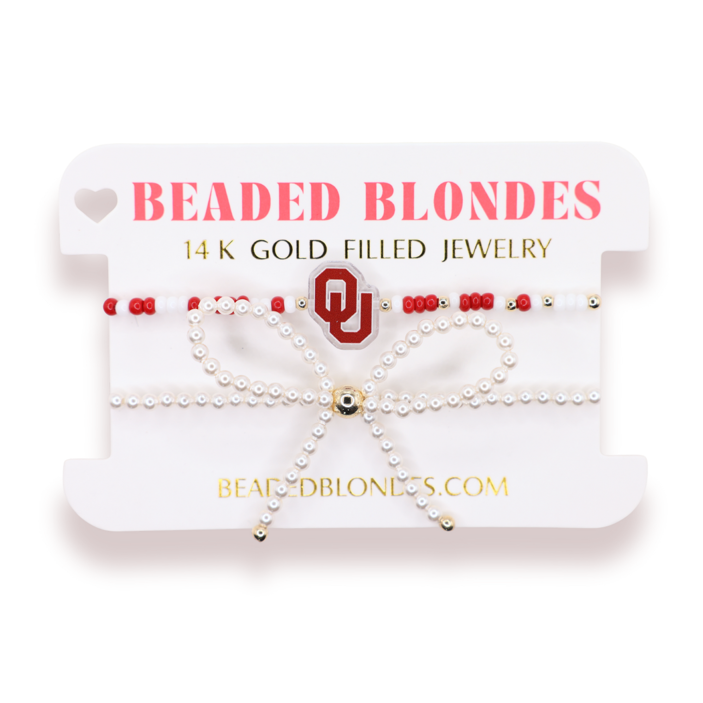 Oklahoma (OU) Logo Bracelet + Pearl Bow Stack of 2