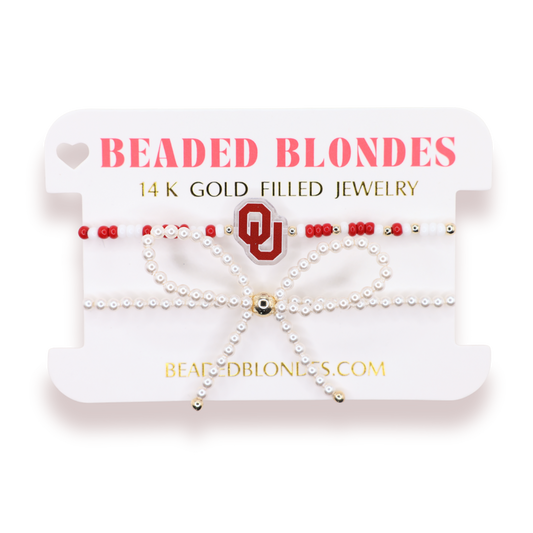 Oklahoma (OU) Logo Bracelet + Pearl Bow Stack of 2