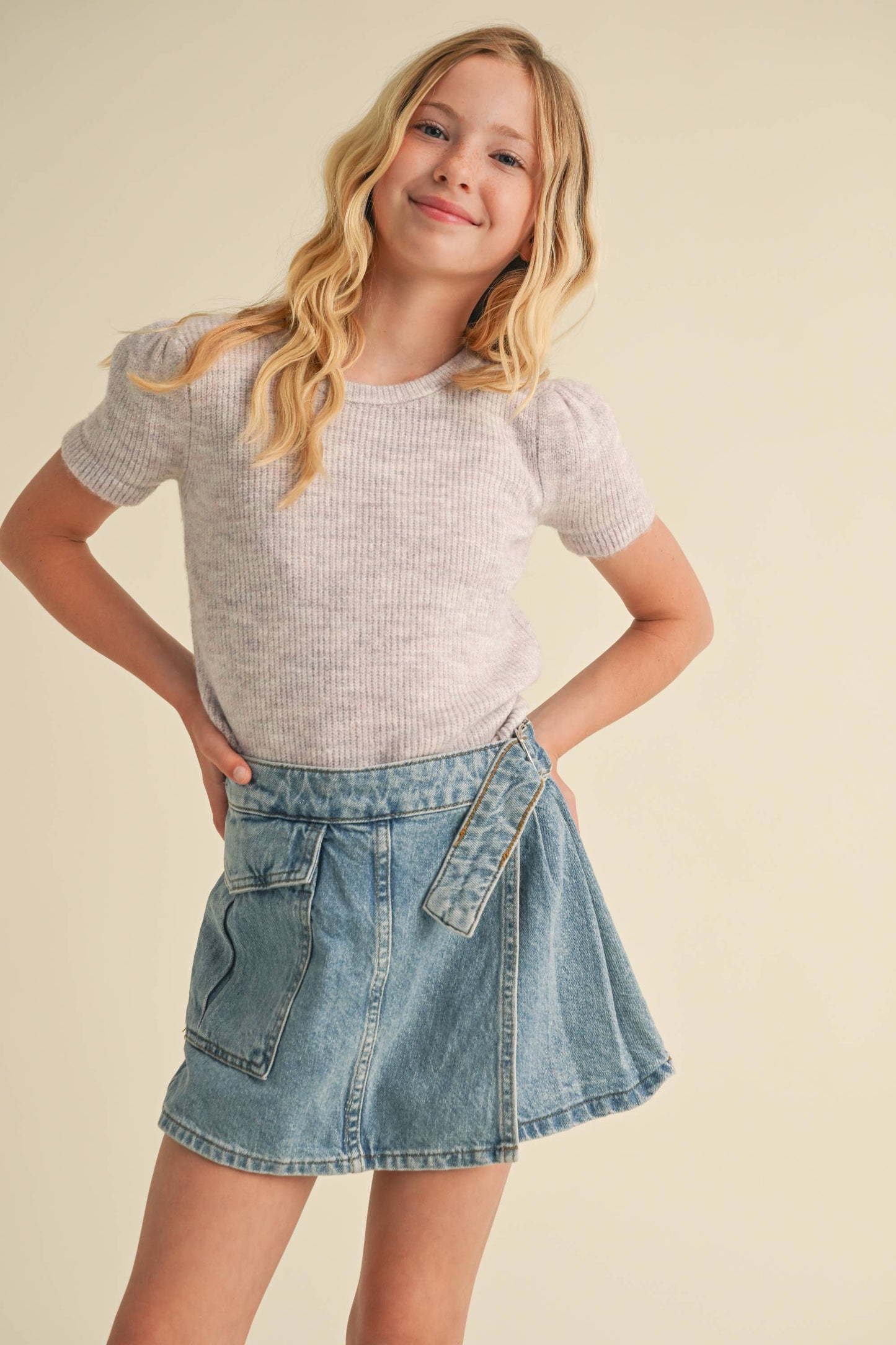 TWEEN KIDS GIRLS PUFF SLEEVE CROPPED SWEATER (7-14)