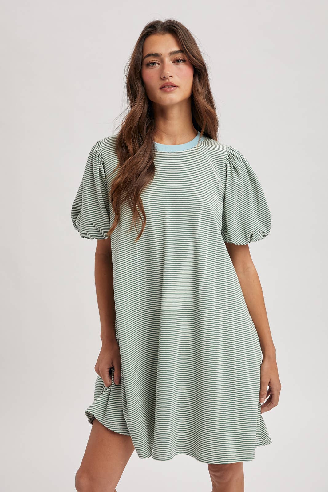 STRIPED PUFF SLEEVE KNIT MINI DRESS