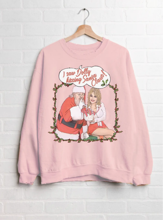 I Saw Dolly Kissing Santa Clause Pink Thrifted Sweatshirt