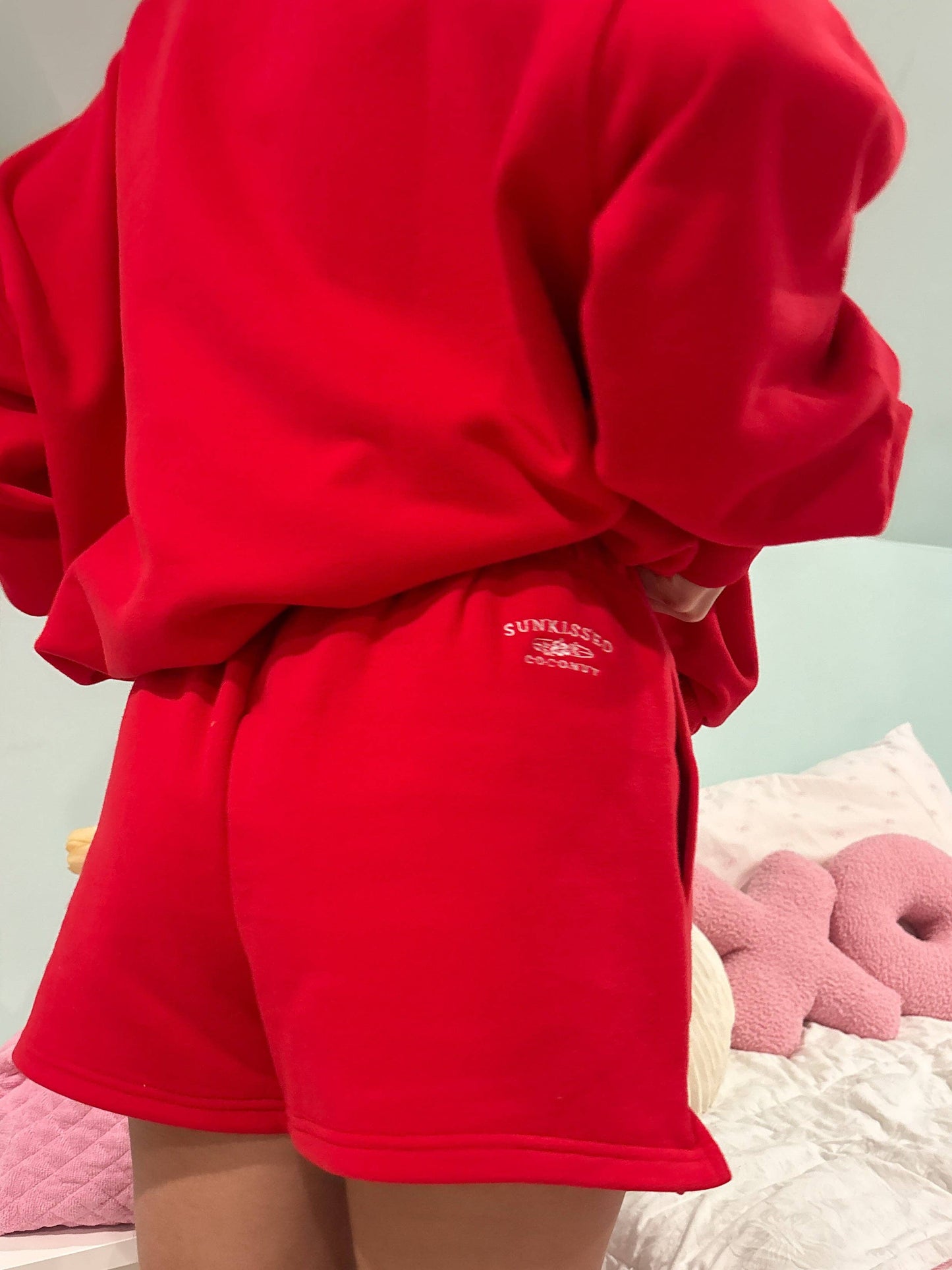 Red Embroidered Sweat Shorts