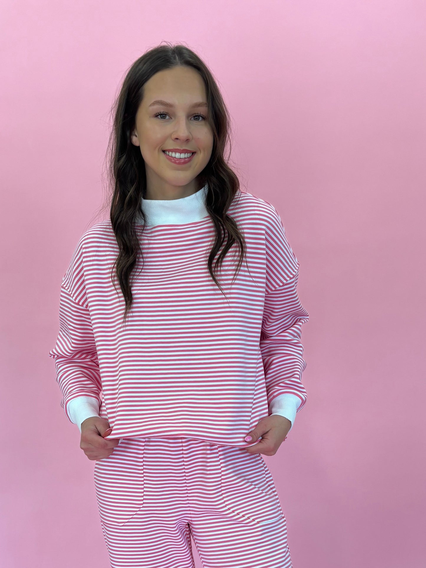 Dark Pink and White Big Striped Mockneck Sweatshirt