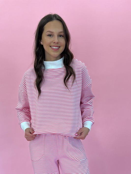 Dark Pink and White Big Striped Mockneck Sweatshirt