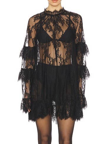 Laney Lace Sheer Long Sleeve Fringe Top/ Dress