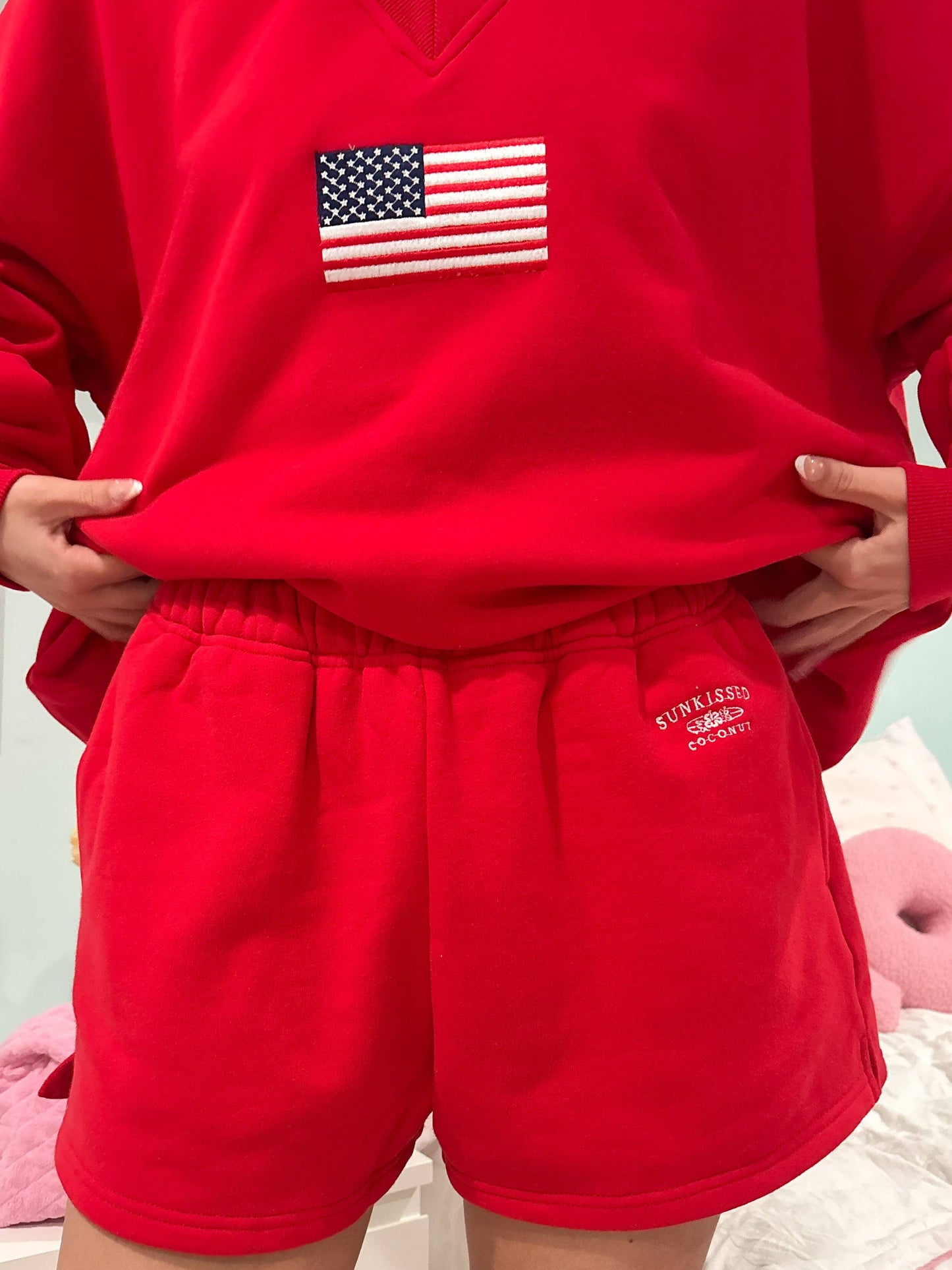 Red Embroidered Sweat Shorts