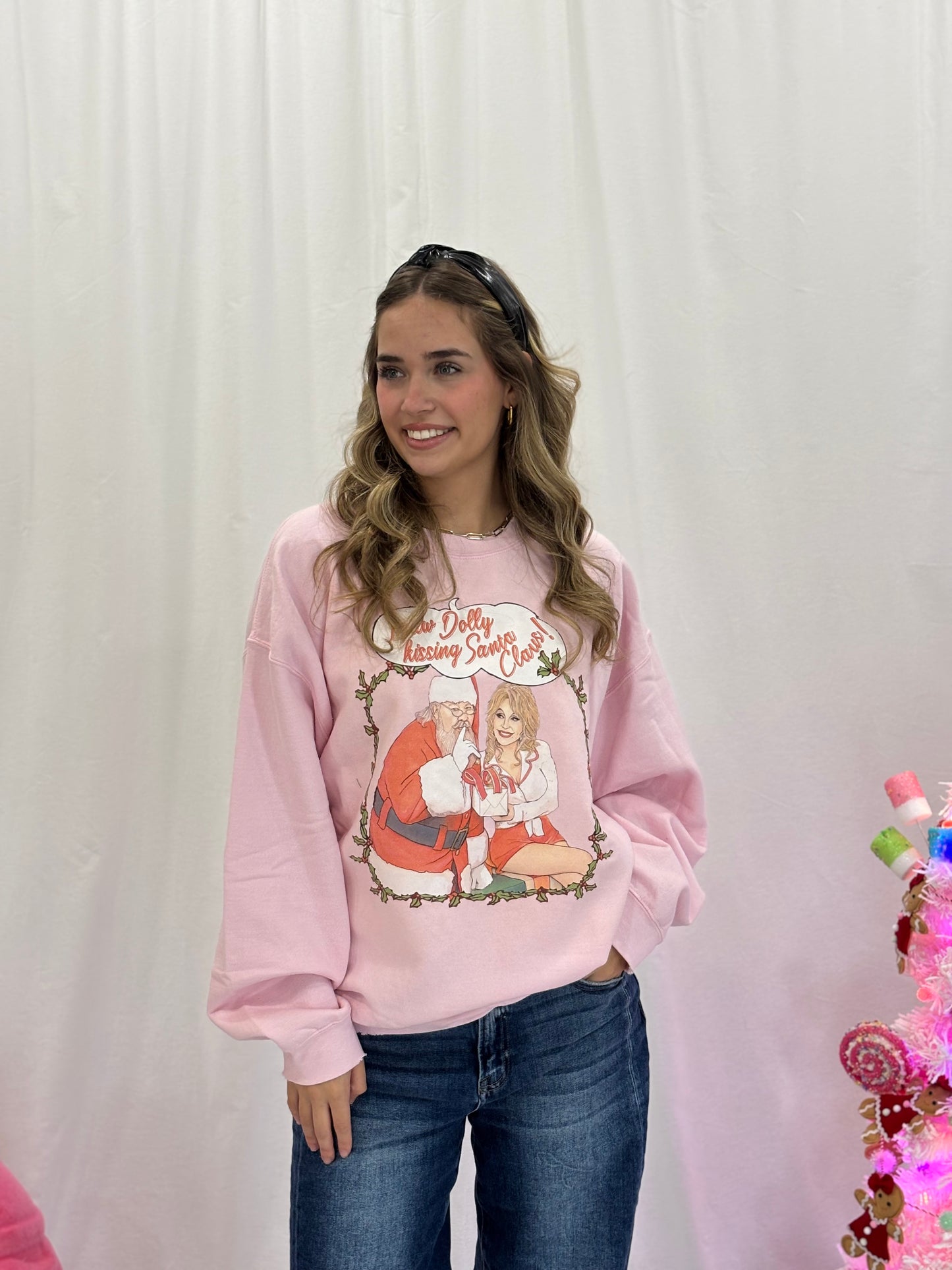 I Saw Dolly Kissing Santa Clause Pink Thrifted Sweatshirt