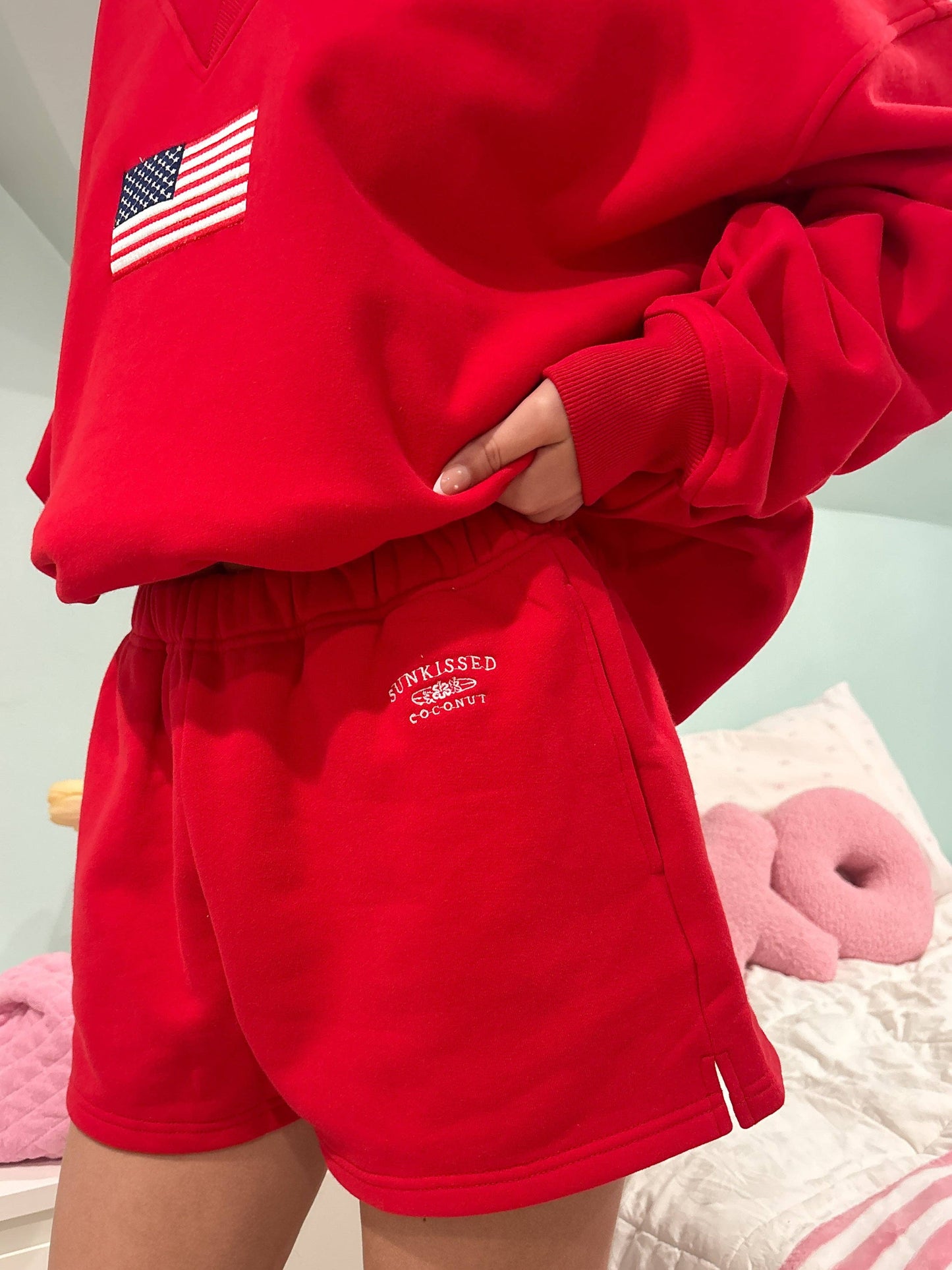 Red Embroidered Sweat Shorts