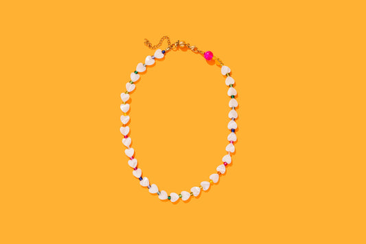 Beaded Necklace - Pearl Hearts + Multi-Colored - Emma