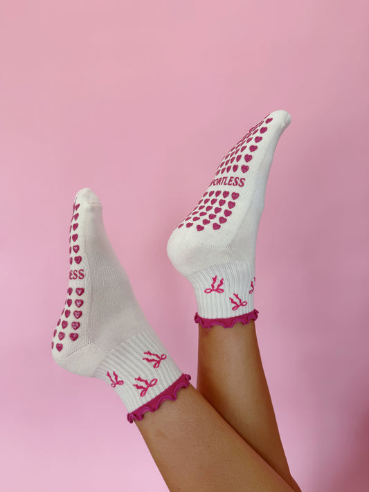 🎀 Bow Ruffle Grip Sock [Hot Pink], Pilates Socks