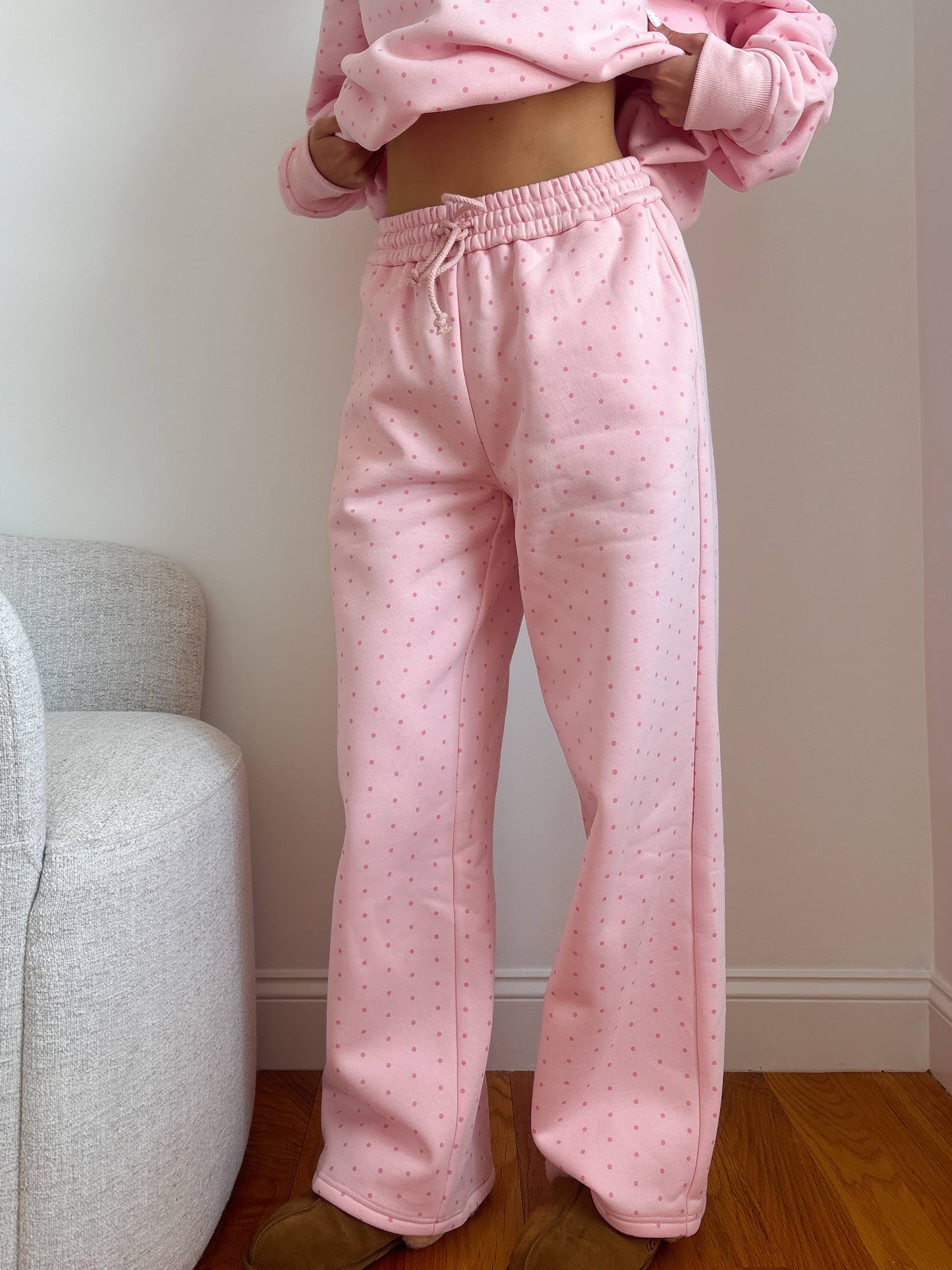 Light Pink Polka Dot Flare Sweatpants 100% Cotton