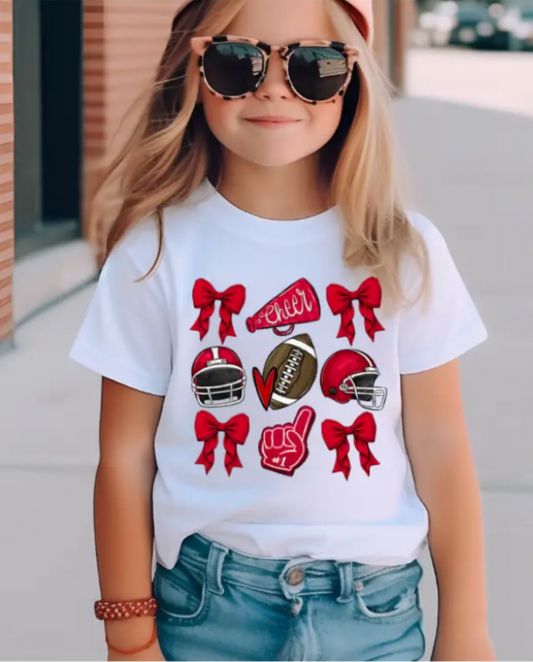 Red Football and Bows Kids Game Day T Shirt