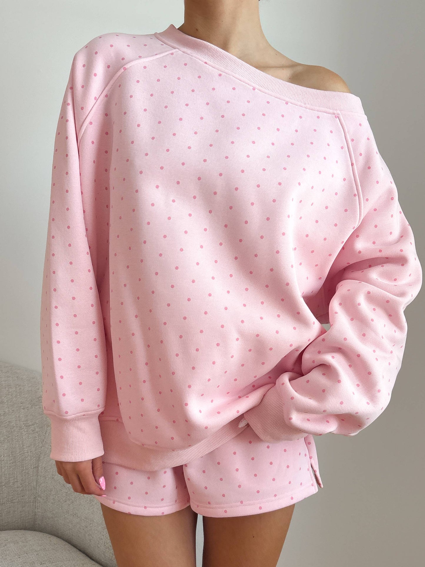 Light Pink Polka Dot Off The Shoulder Sweatshirt 100% Cotton