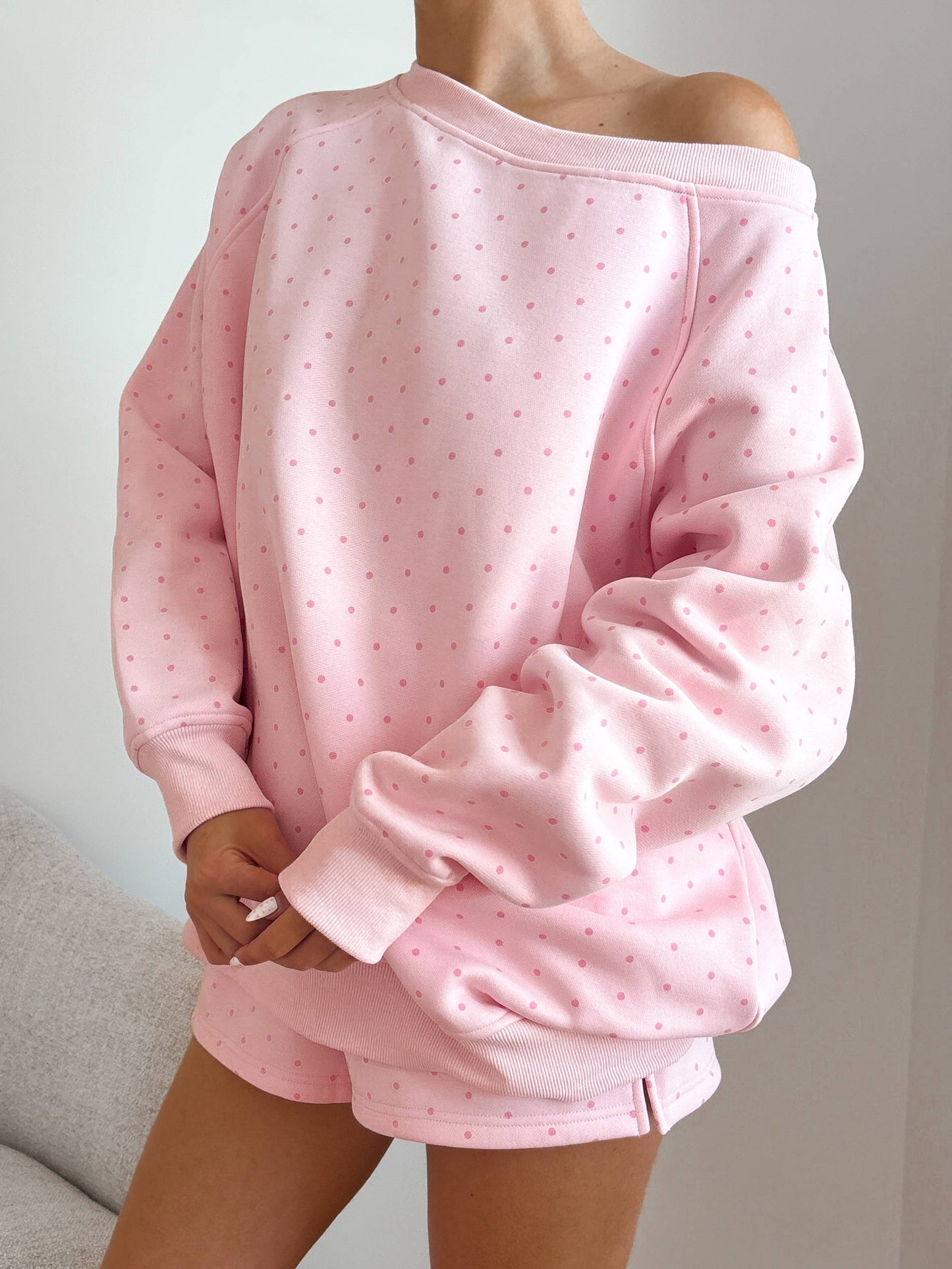 Light Pink Polka Dot Off The Shoulder Sweatshirt 100% Cotton