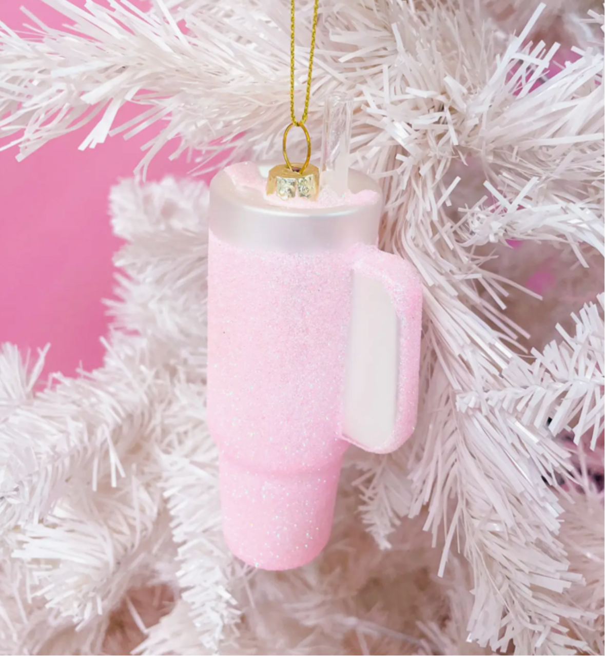 Pink Glittered Trendy Tumbler Christmas Ornament