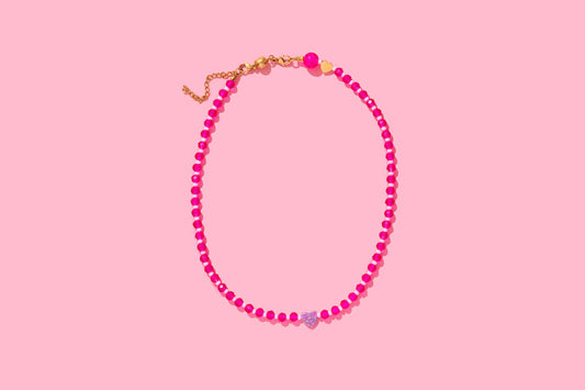 Beaded Necklace - Pink w/ Purple Opal Heart - Karley