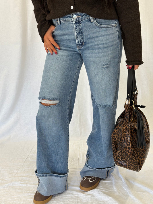 Terry Mid Rise Wide Leg Cuffed Jeans