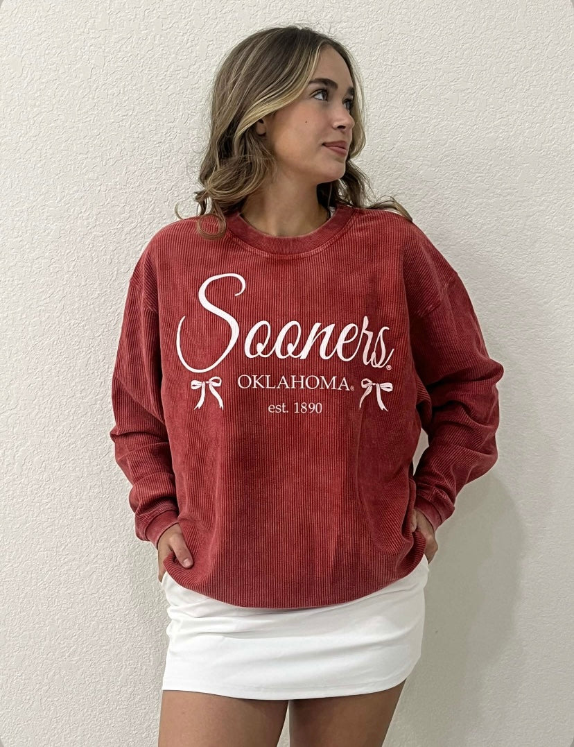 Ou Sooners Established Bows Red Corded Crew Sweatshirt