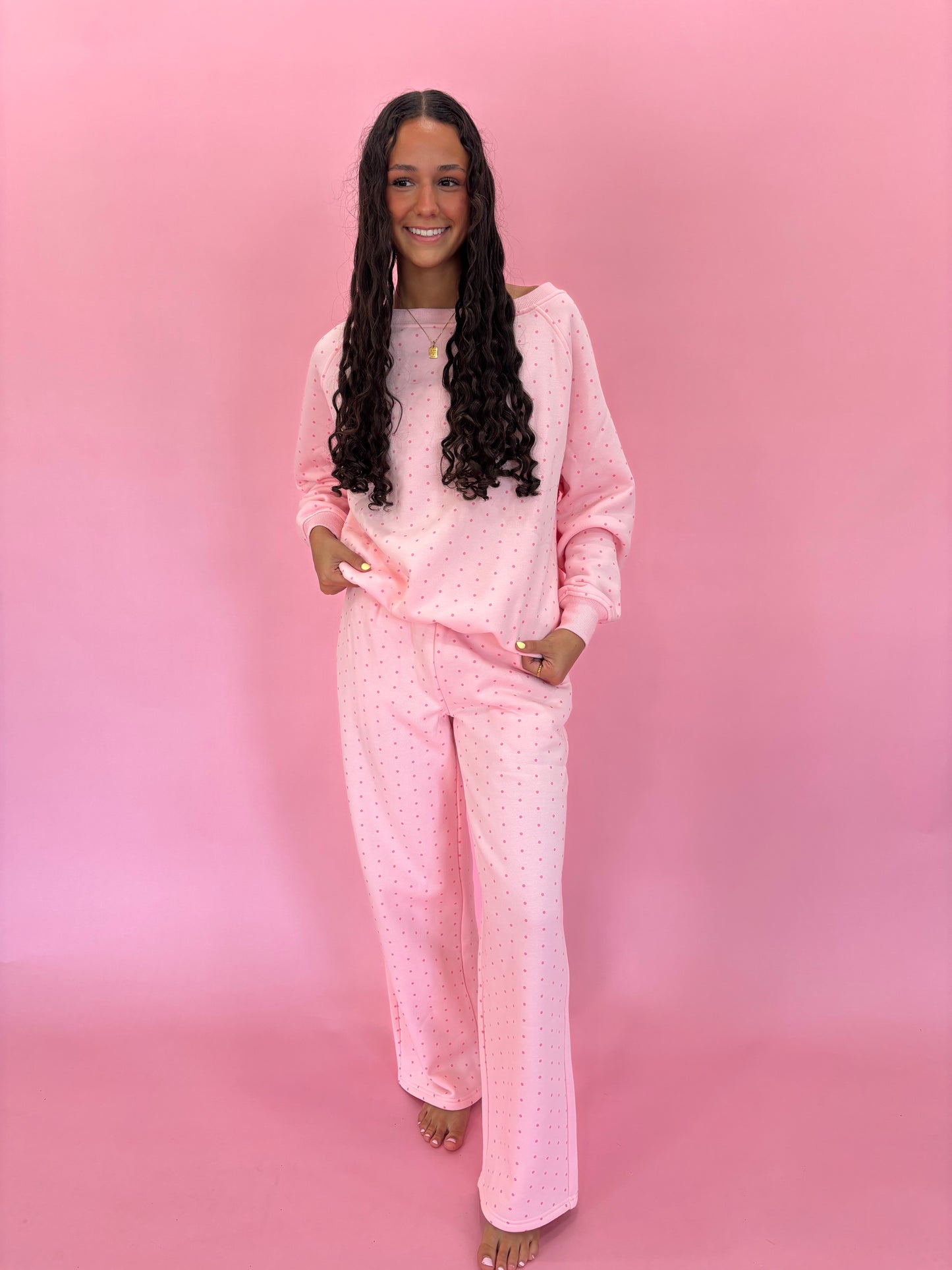 Light Pink Polka Dot Flare Sweatpants 100% Cotton