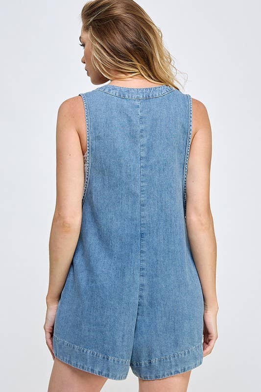 PINTUCK PLEATS DENIM ROMPER