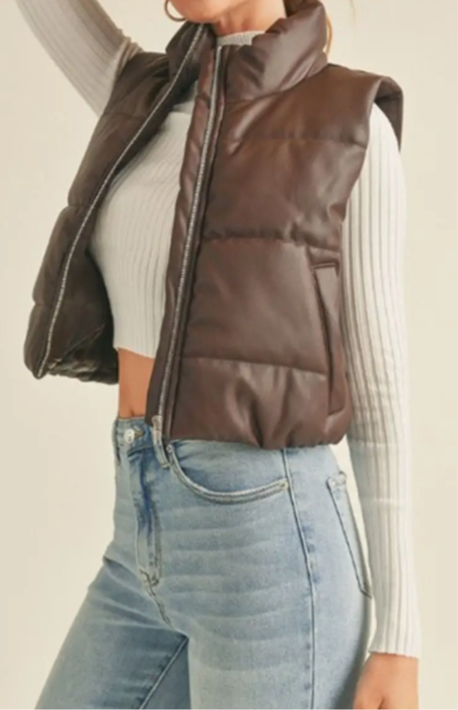 Faux Leather High Neck Zip Up Puffer Vest