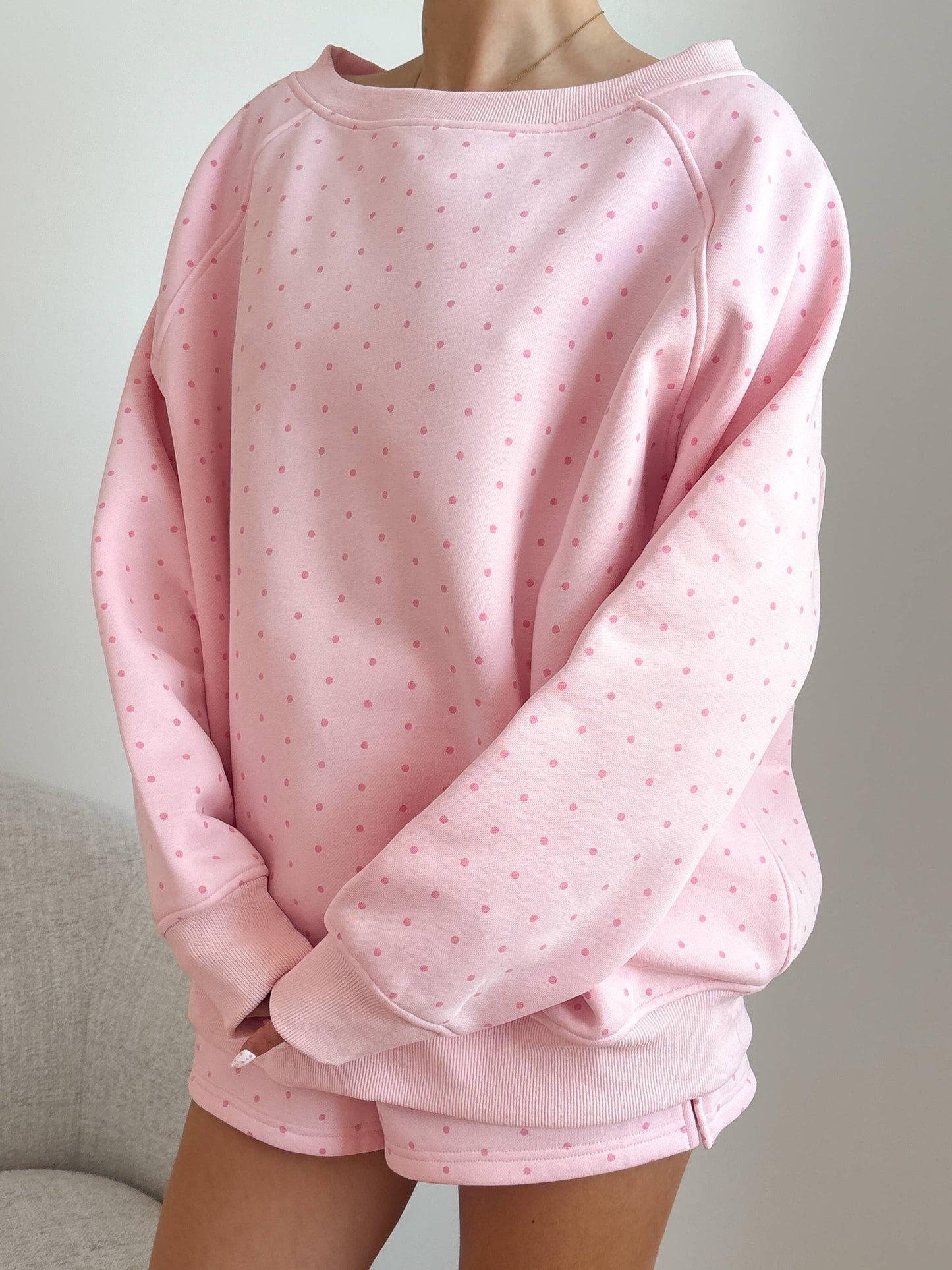 Light Pink Polka Dot Off The Shoulder Sweatshirt 100% Cotton