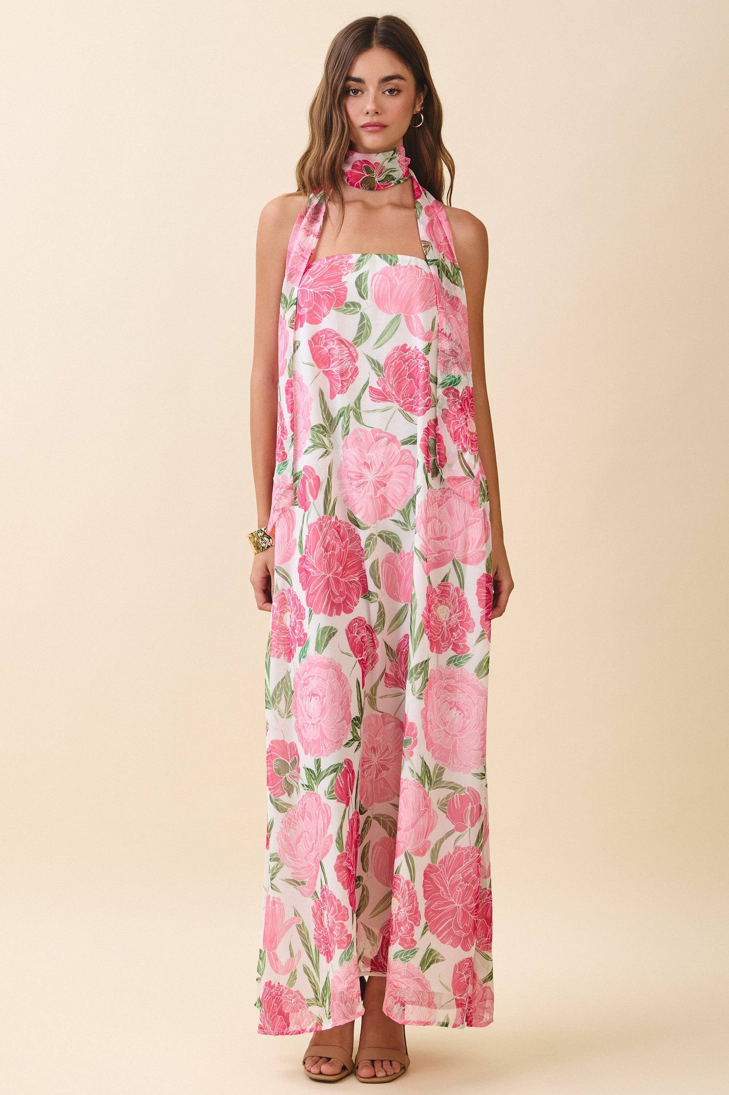 Garden Floral Maxi Dress with Convertible Scarf