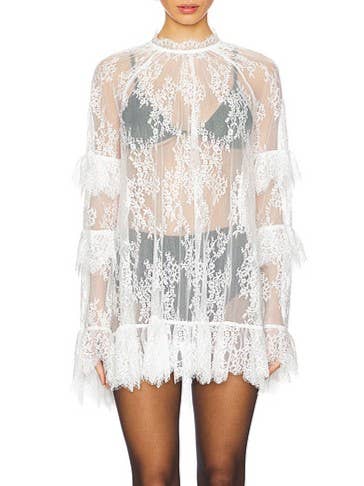 Laney Lace Sheer Long Sleeve Fringe Top/ Dress